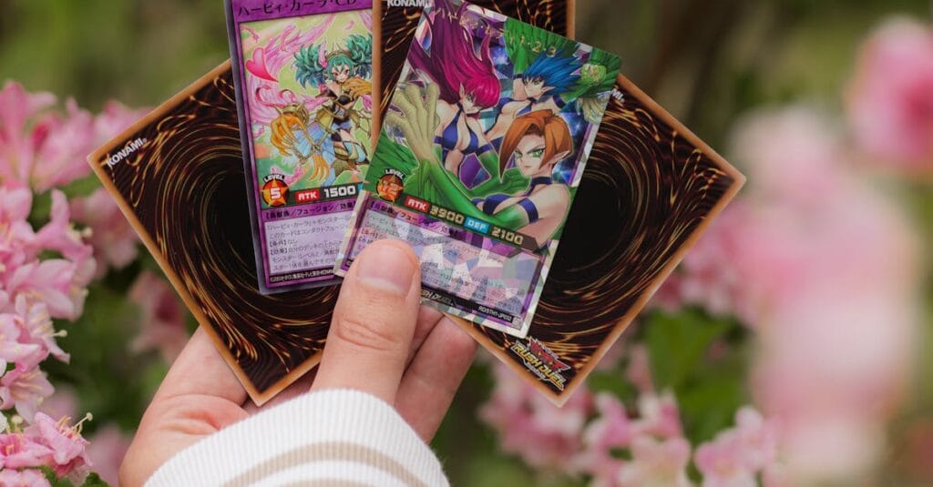 A hand holding Yu-Gi-Oh! cards with vibrant floral background, perfect for collectors and enthusiasts.