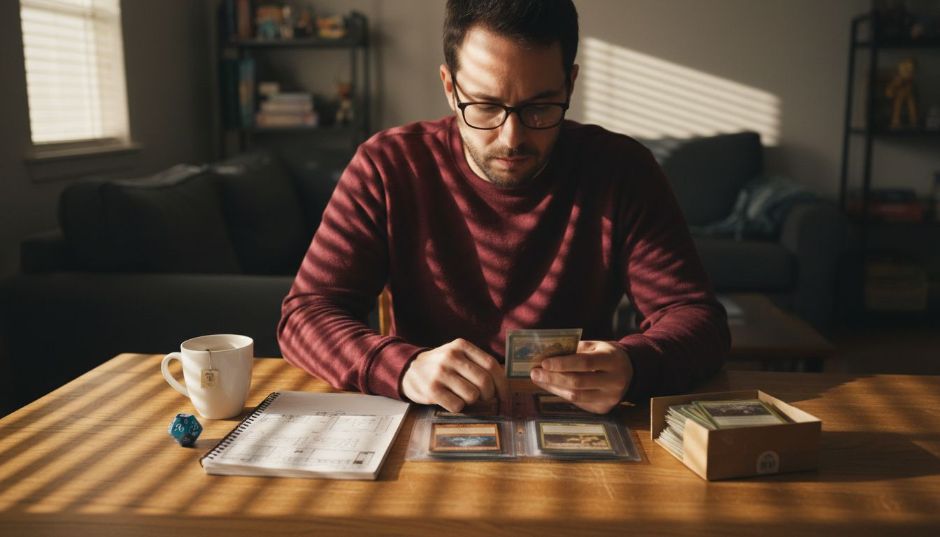 Un passionné de cartes Magic en train de passer en revue sa collection avec attention.