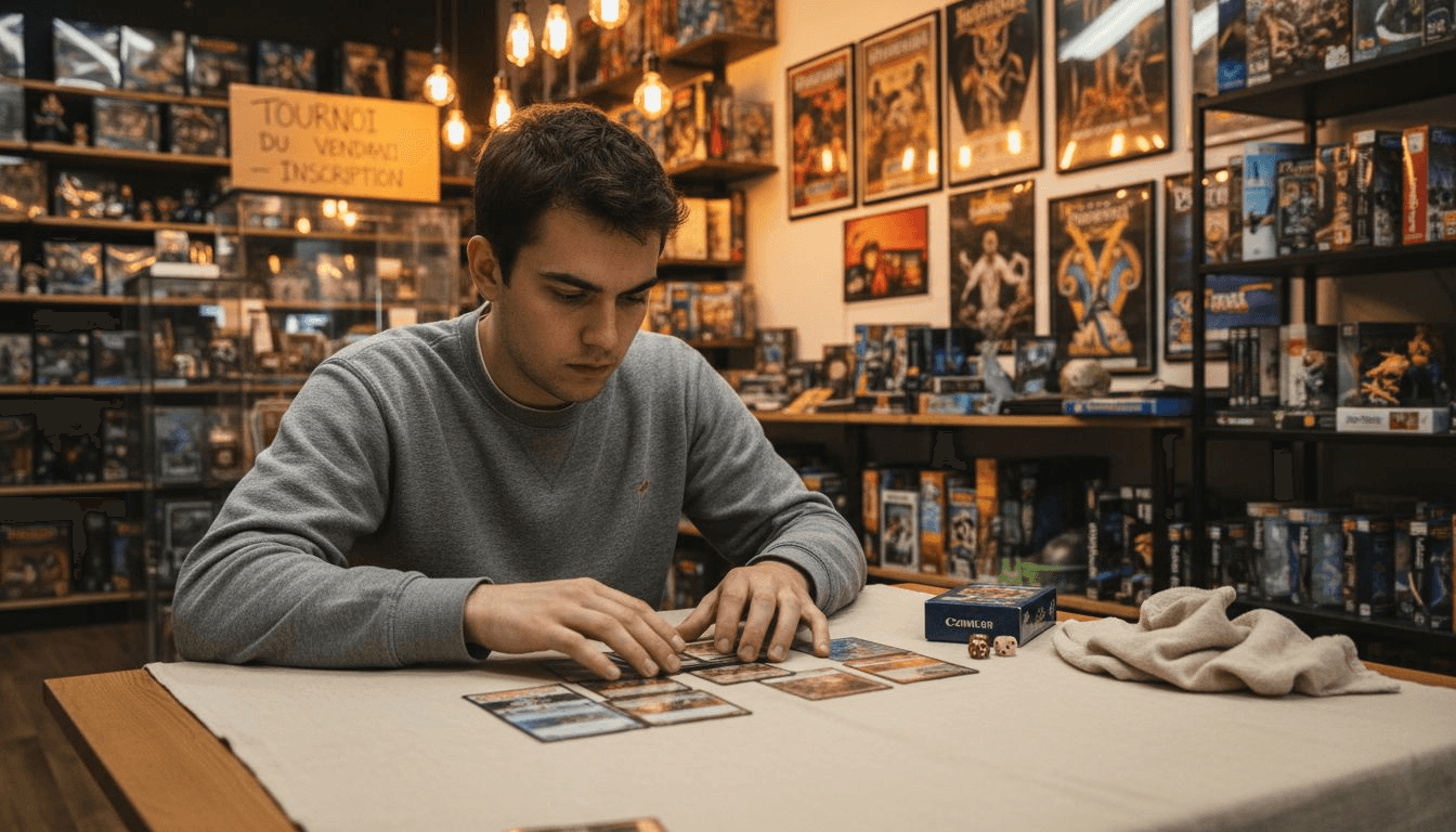 Un jeune passionné en train de montrer fièrement sa collection de cartes à jouer.