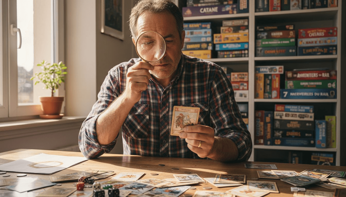Chez lui, un homme prend le temps d'observer attentivement une carte de collection illustrée.