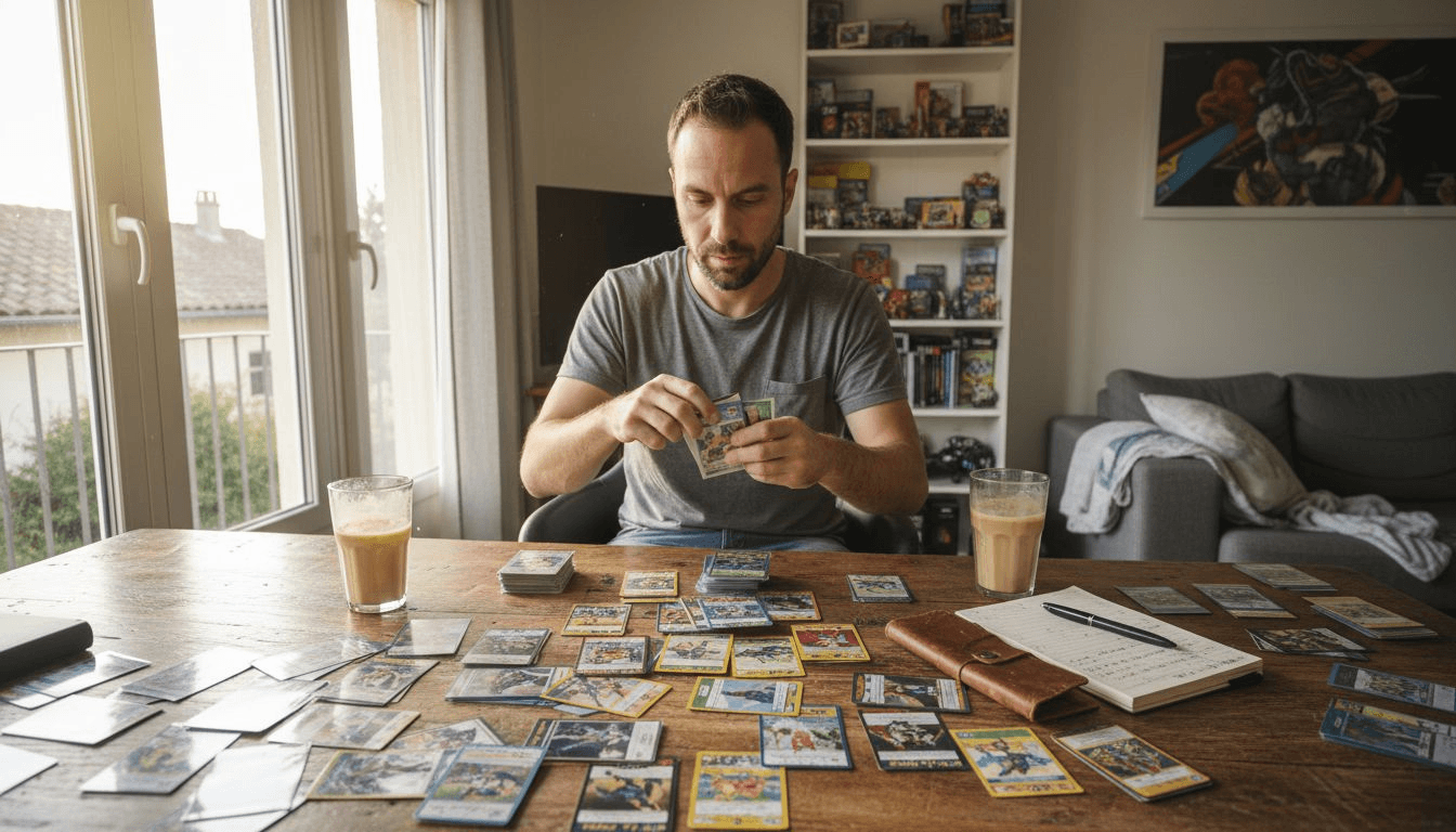 Un passionné de cartes découvre le contenu de nouveaux boosters.