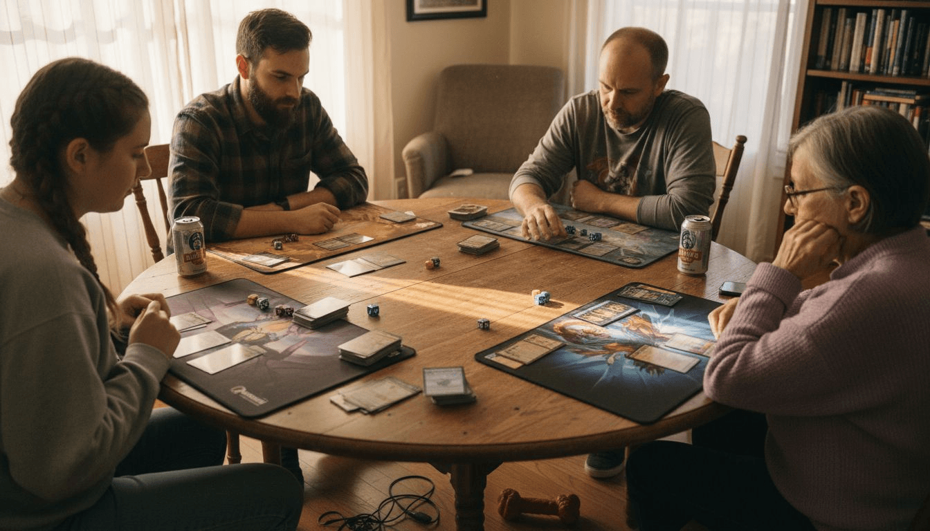 Des joueurs s'affrontent autour d'une partie de Magic en format Commander.