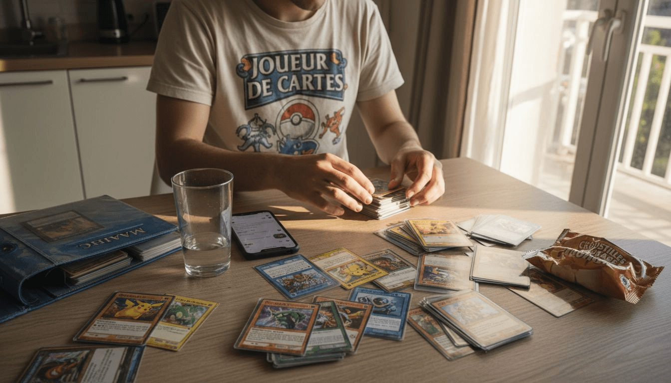 Installé à une table, quelqu’un trie minutieusement différentes cartes à collectionner.