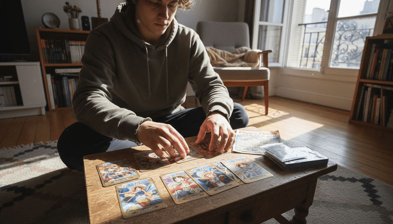1771217574004_image - JM Cards Quelqu’un en train de trier sa collection de cartes One Piece sur la table basse du salon.