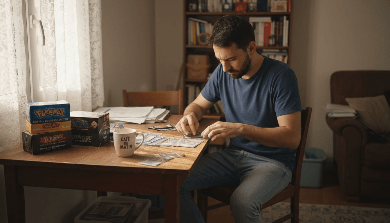 1771296314735_image - JM Cards Un passionné trie soigneusement sa collection de cartes à jouer rares.