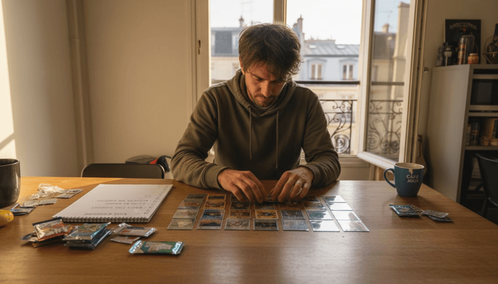 1771483739561_image - JM Cards Un passionné de cartes passe en revue sa liste de collection assis à son bureau.