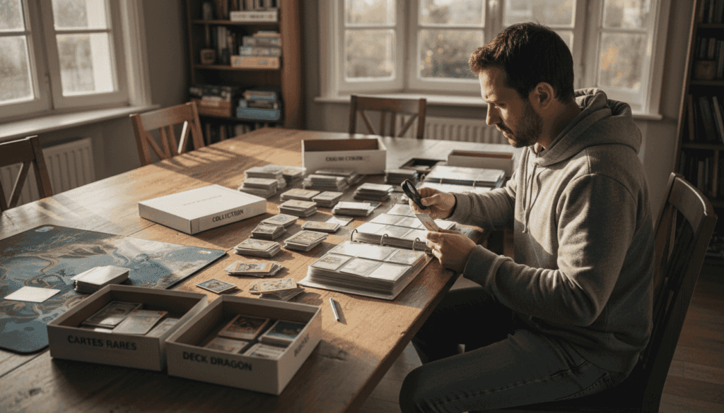 1771576580890_image - JM Cards Un passionné de cartes TCG en plein tri sur une grande table