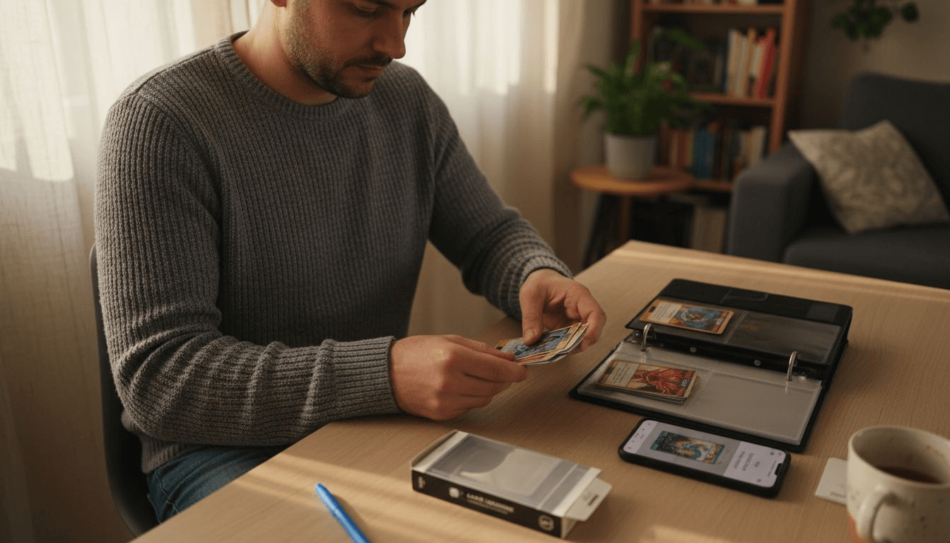 1771636032750_image - JM Cards Assis à son bureau immaculé, un passionné examine minutieusement ses cartes de collection.