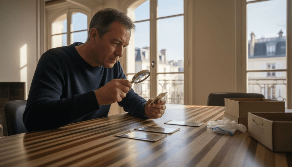 À Paris, un passionné de cartes rares scrute attentivement une édition de collection.