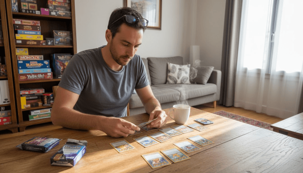 Un passionné de cartes observe attentivement sa collection étalée devant lui.