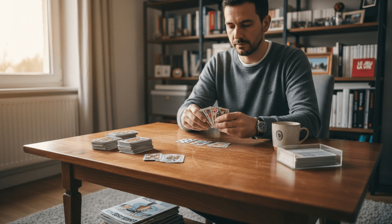 Un passionné de cartes étale sa collection sur la table du salon pour les classer.