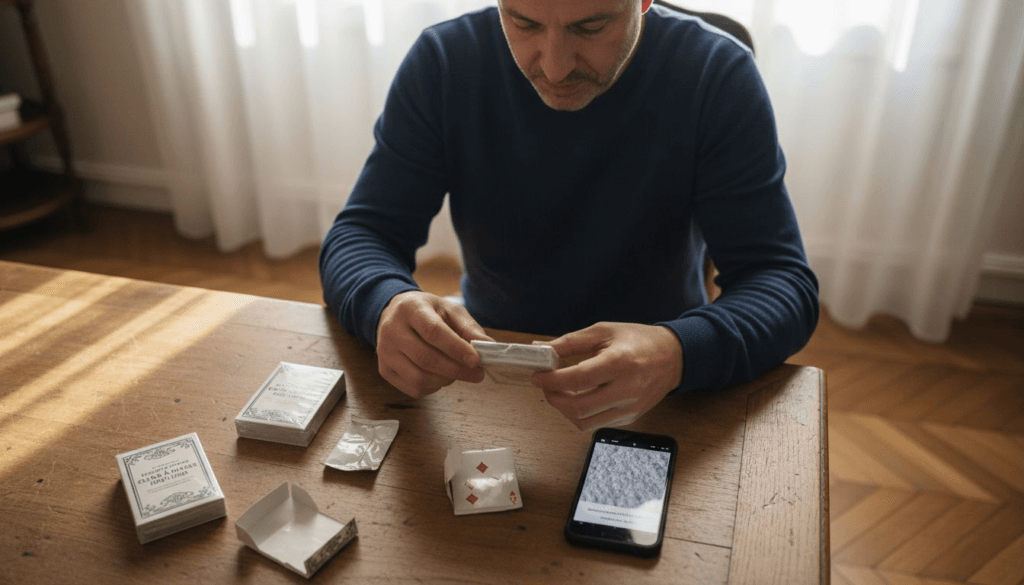 Un homme observe attentivement un jeu de cartes encore sous blister.