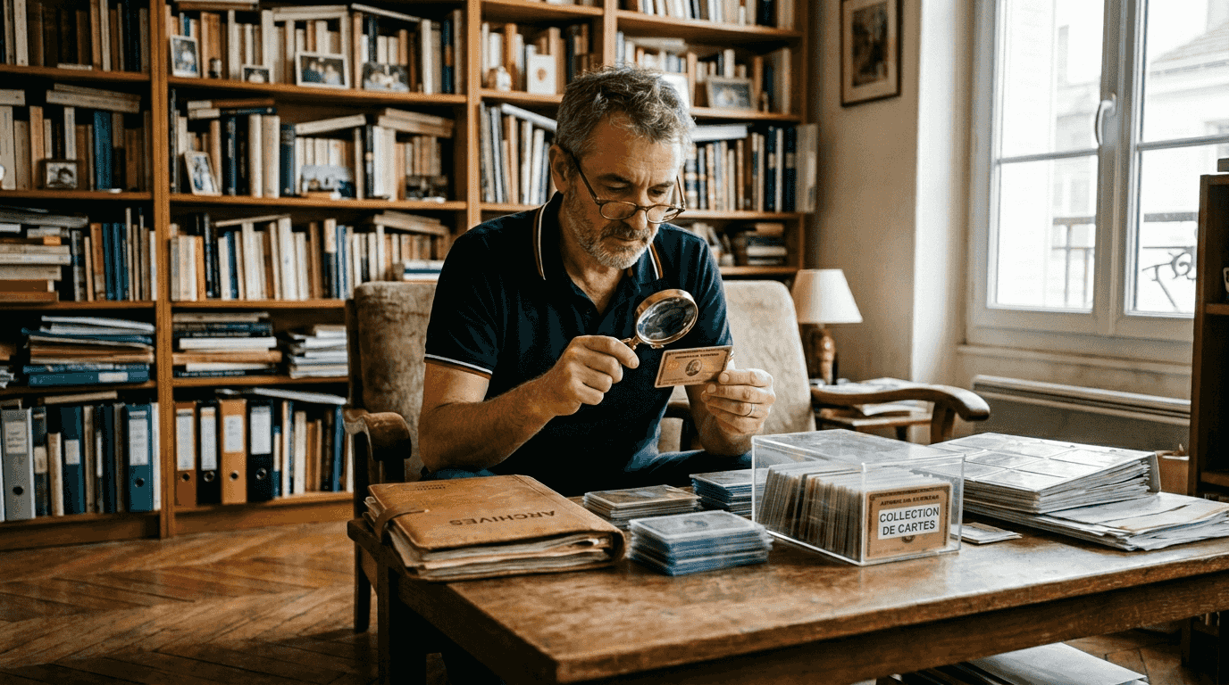 Un passionné de cartes examine sa précieuse Gold à la lumière du jour, près d’une fenêtre.