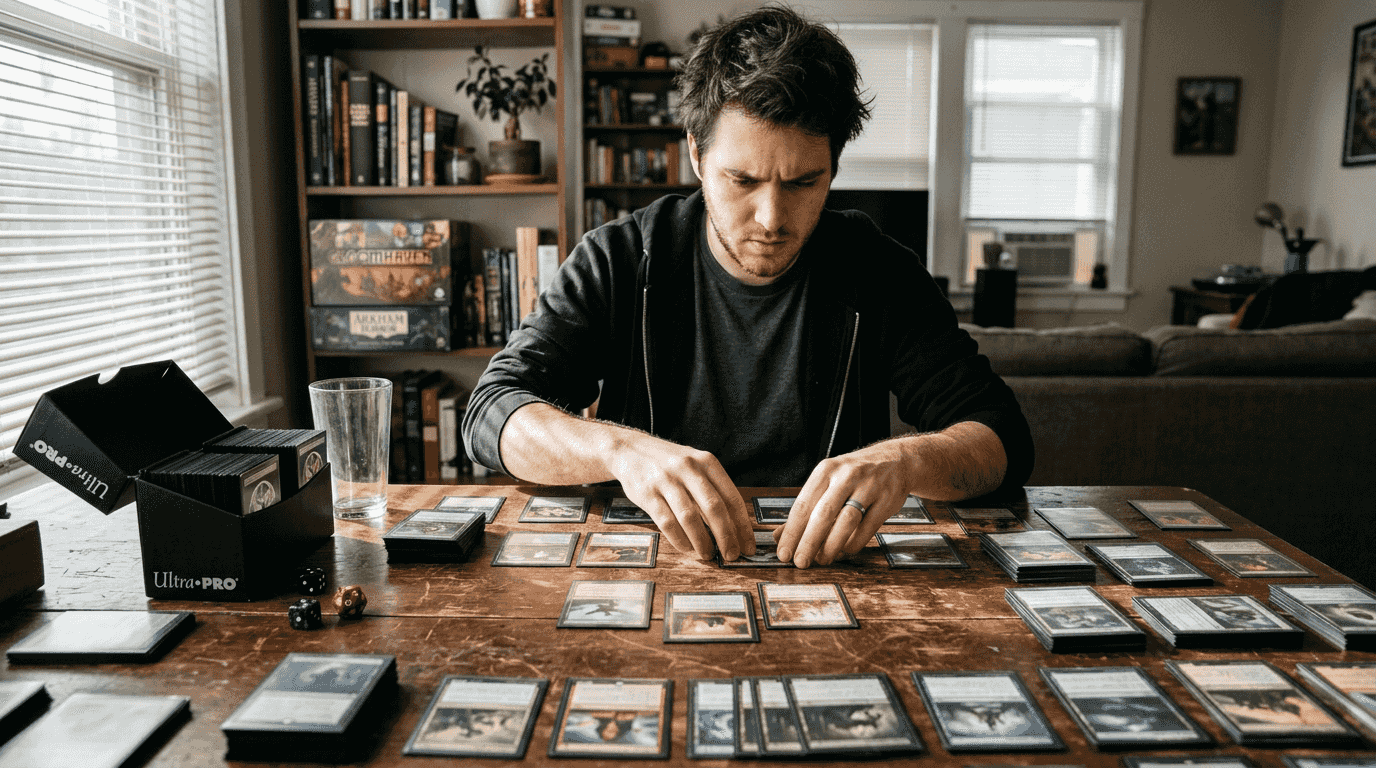 Un joueur trie ses cartes d’artefacts Magic sur la table, soigneusement disposées pour préparer sa prochaine partie.