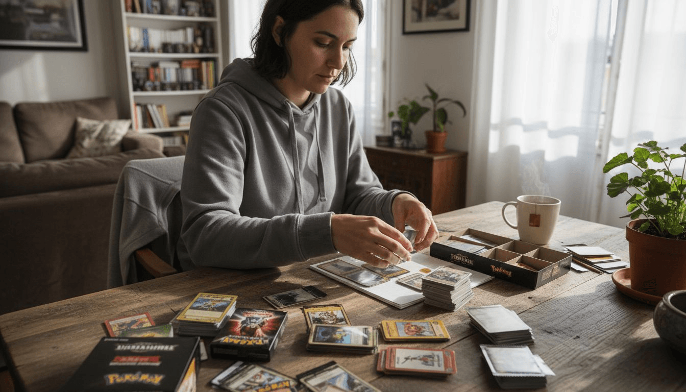 Un collectionneur en train de trier ses boosters de jeux de cartes à collectionner.