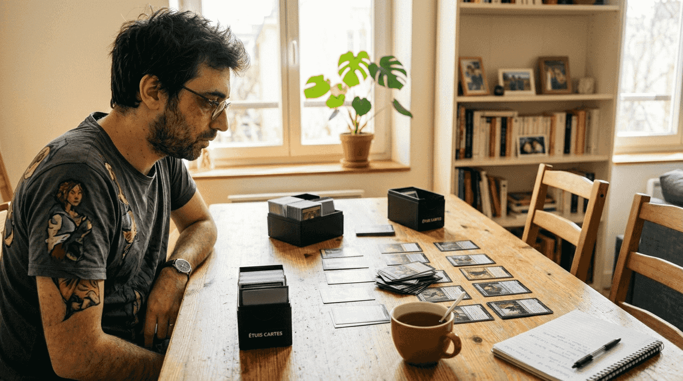Un homme penché sur une table, en train d’étudier attentivement plusieurs cartes disposées devant lui.