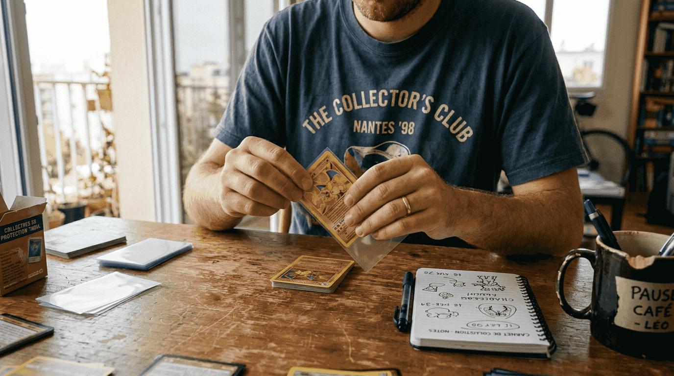 Un collectionneur protège ses cartes sur une table encombrée.