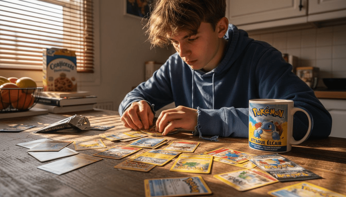 Un ado trie ses cartes Pokémon pour composer son tout premier deck.