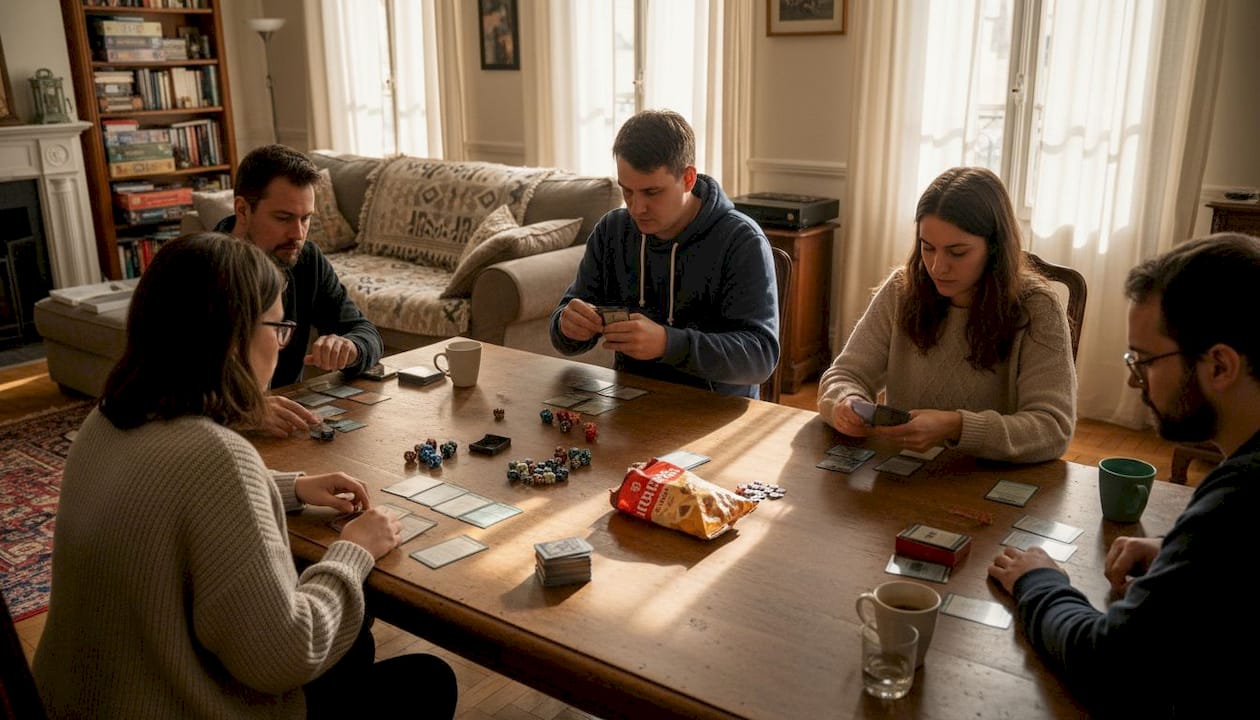 Des amateurs de Magic disputent une partie conviviale dans le salon.