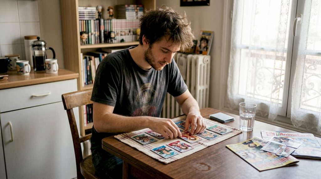 1773994756187_Collector-arranging-One-Piece-promo-cards - JM Cards Un passionné trie soigneusement ses cartes promotionnelles One Piece pour compléter sa collection.