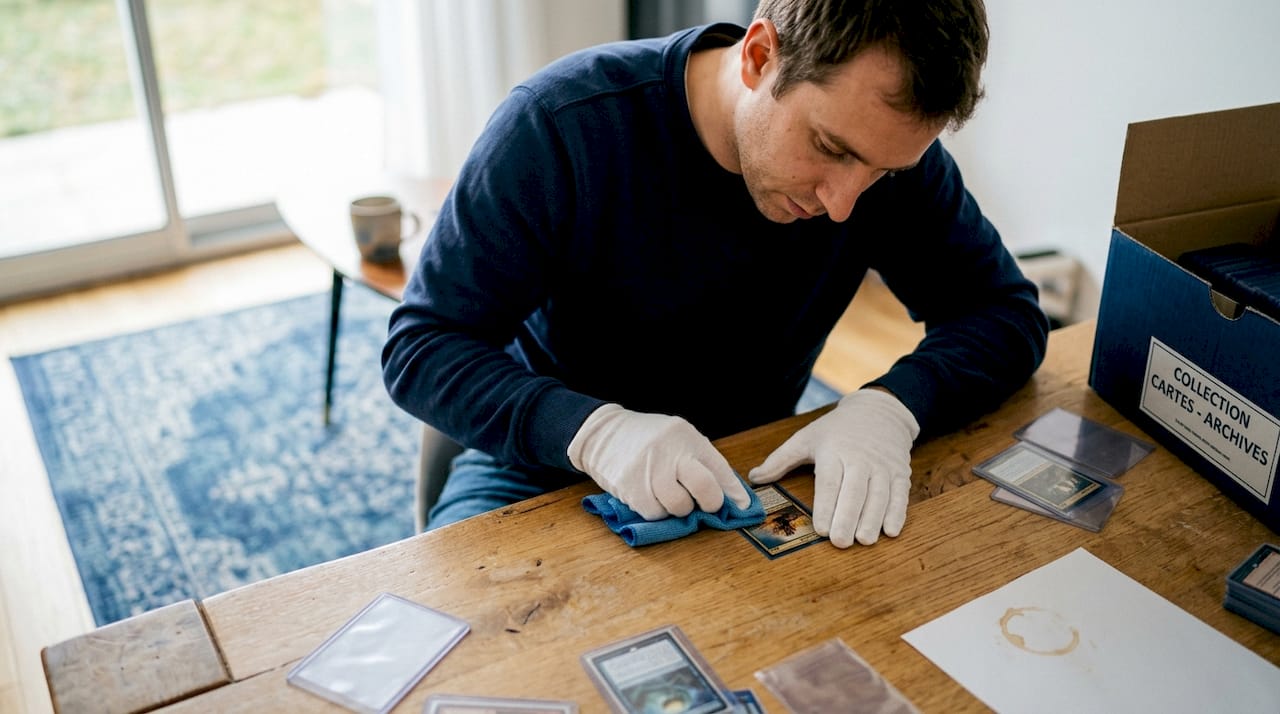 1774253043591_Collectionneur-nettoyant-une-carte-avant-scan - JM Cards Un passionné prend soin de sa carte avant de la numériser, s'assurant qu'elle soit parfaitement propre pour obtenir le meilleur rendu.