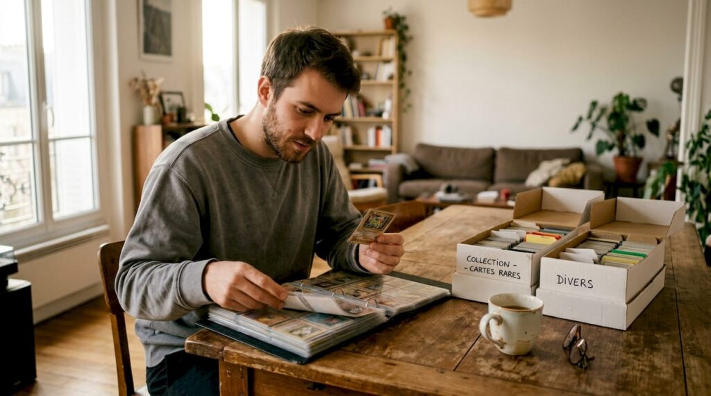 1774428574388_Collectionneur-examinant-cartes-sur-grande-table - JM Cards Un passionné de collections en train d’observer attentivement ses cartes étalées sur une grande table.