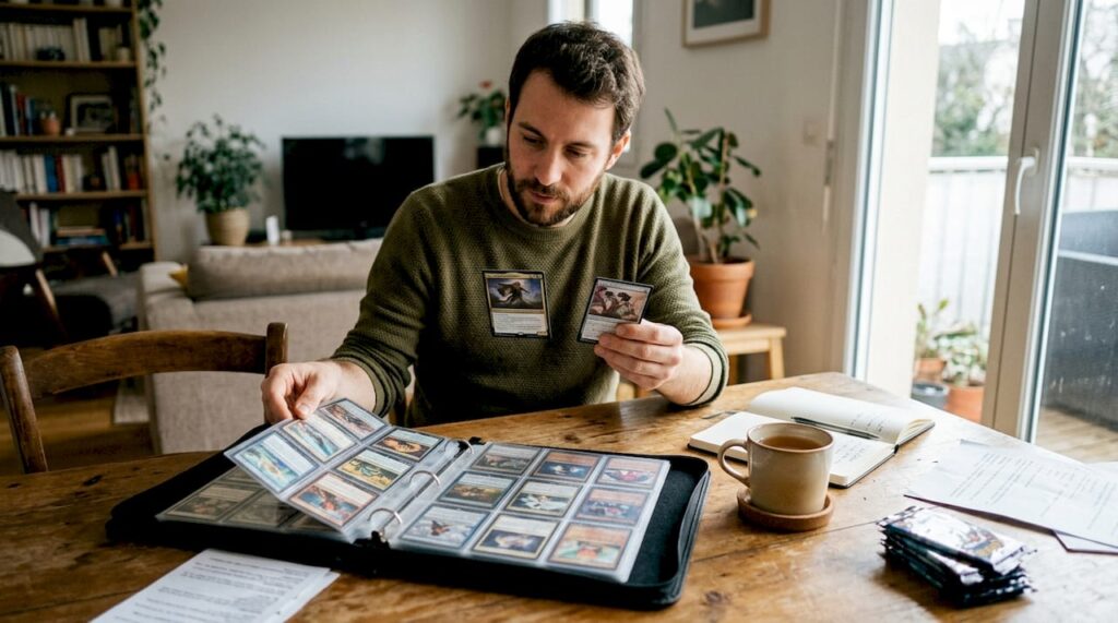 1774599818466_Joueur-comparant-cartes-TCG-en-langues-differentes - JM Cards Un passionné de jeux de cartes qui analyse les différences entre les versions de TCG en plusieurs langues.