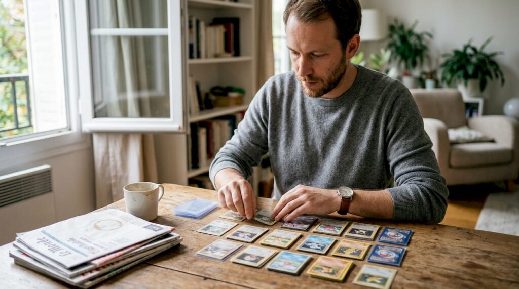 1775009875231_Personne-triant-cartes-a-collectionner-sur-table - JM Cards Une personne en train de trier ses cartes à collectionner, étalées sur la table.