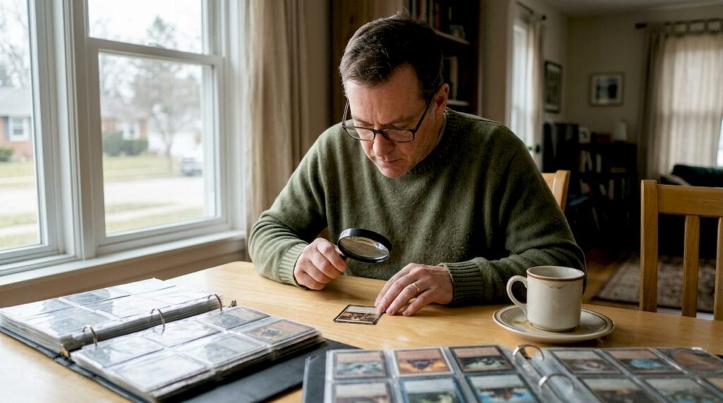 1775205229649_Collectionneur-examine-ancienne-carte-vintage-sur-table - JM Cards Un passionné feuillette attentivement une vieille carte posée sur la table.