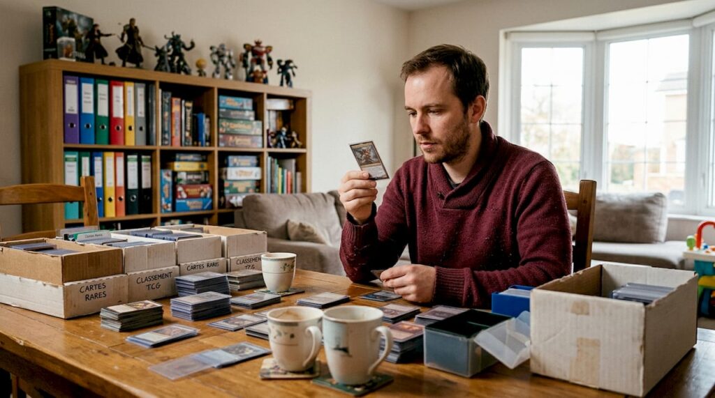 Un homme passionné de cartes à collectionner installe sa collection sur la table du salon.