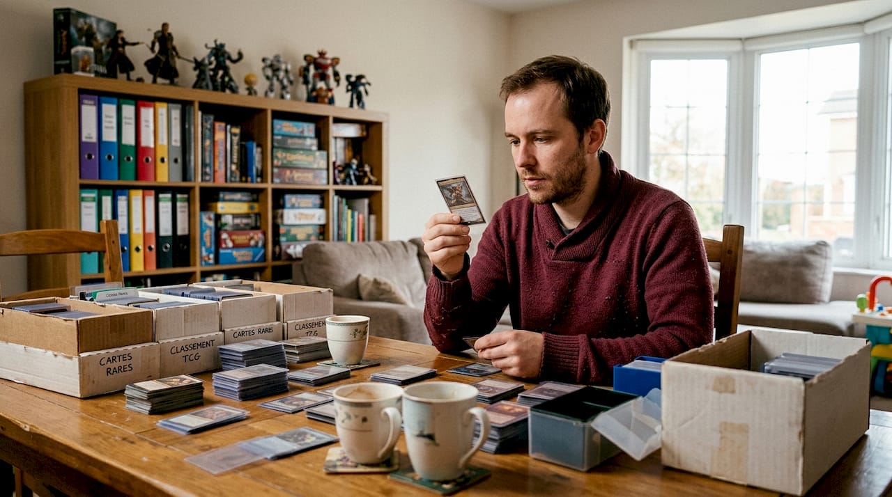 1775462709241_Homme-collectionnant-cartes-TCG-sur-table-domestique - JM Cards Un homme passionné de cartes à collectionner installe sa collection sur la table du salon.