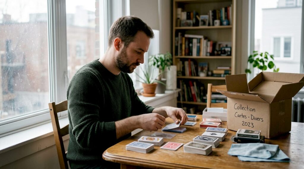 Un passionné de cartes en plein tri sur sa table à la maison