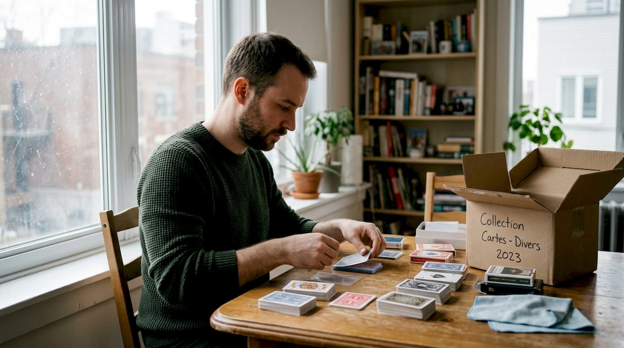 1775802879347_Collectionneur-triant-cartes-a-table-chez-lui - JM Cards Un passionné de cartes en plein tri sur sa table à la maison
