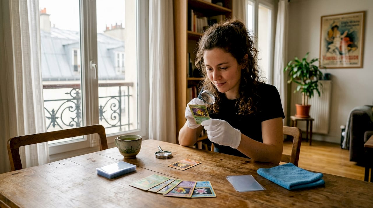 1776051031449_Collector-examining-Japanese-trading-cards-at-home - JM Cards Un passionné de cartes de collection japonaises prend le temps d’examiner minutieusement sa collection chez lui.