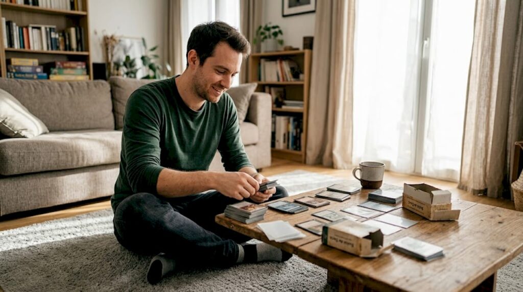 Un homme trie ses cartes à collectionner soigneusement étalées sur la table basse du salon