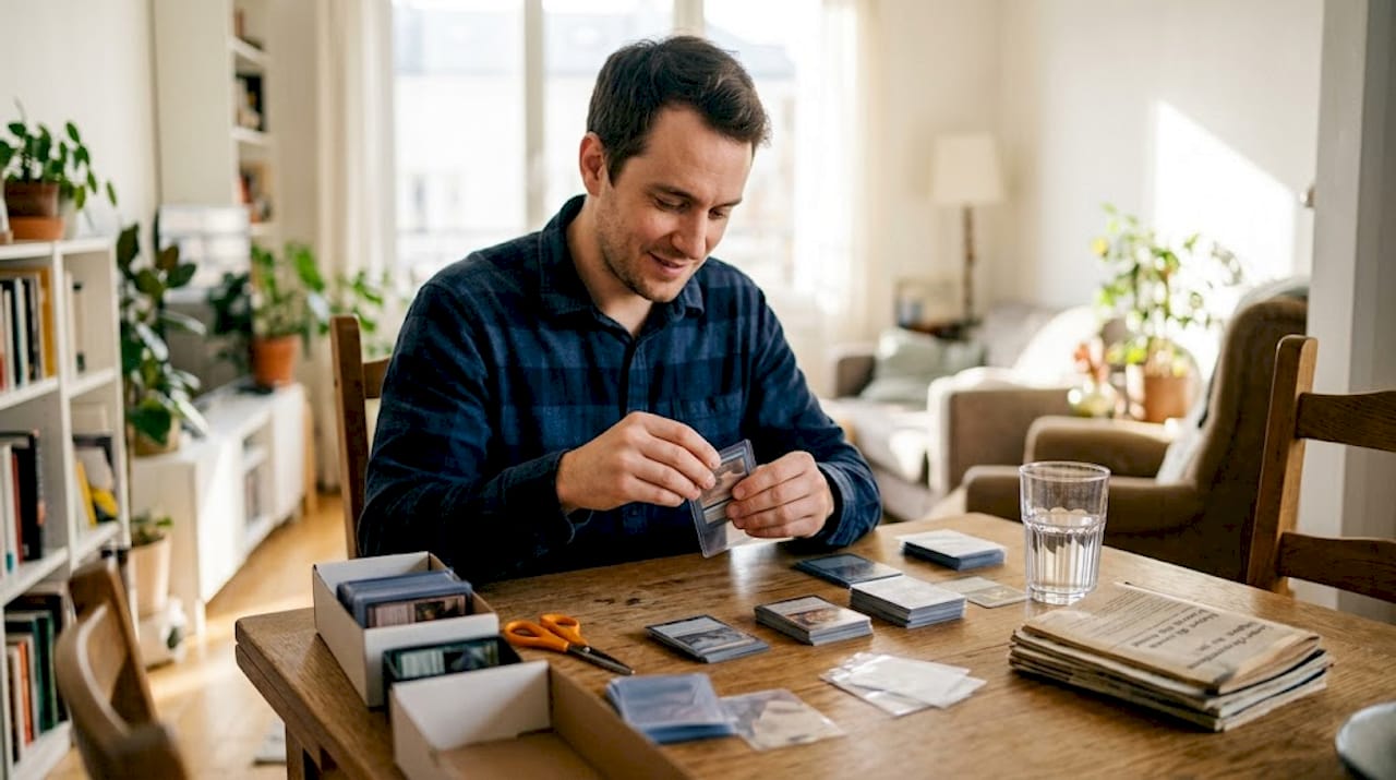 Un homme trie ses cartes en utilisant différentes pochettes de protection.
