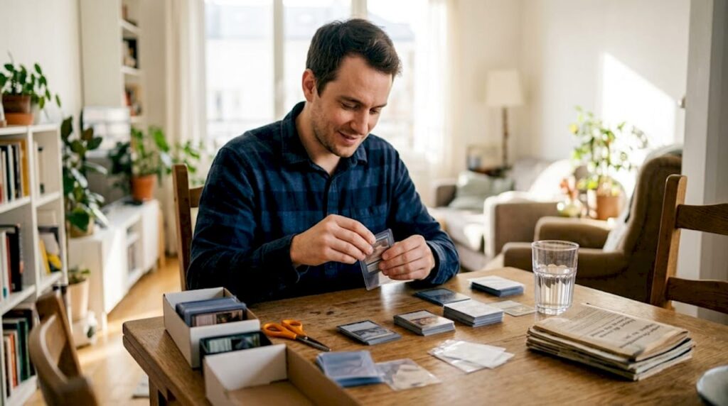 Un homme trie ses cartes en utilisant différentes pochettes de protection