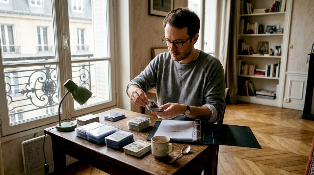 Dans son appartement parisien un homme protège minutieusement ses cartes à collectionner en les glissant dans des pochettes plastiques
