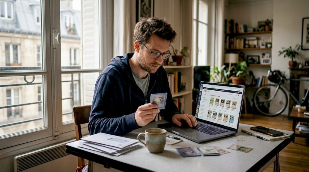 Homme en train de vérifier sa commande de cartes TCG sur Internet