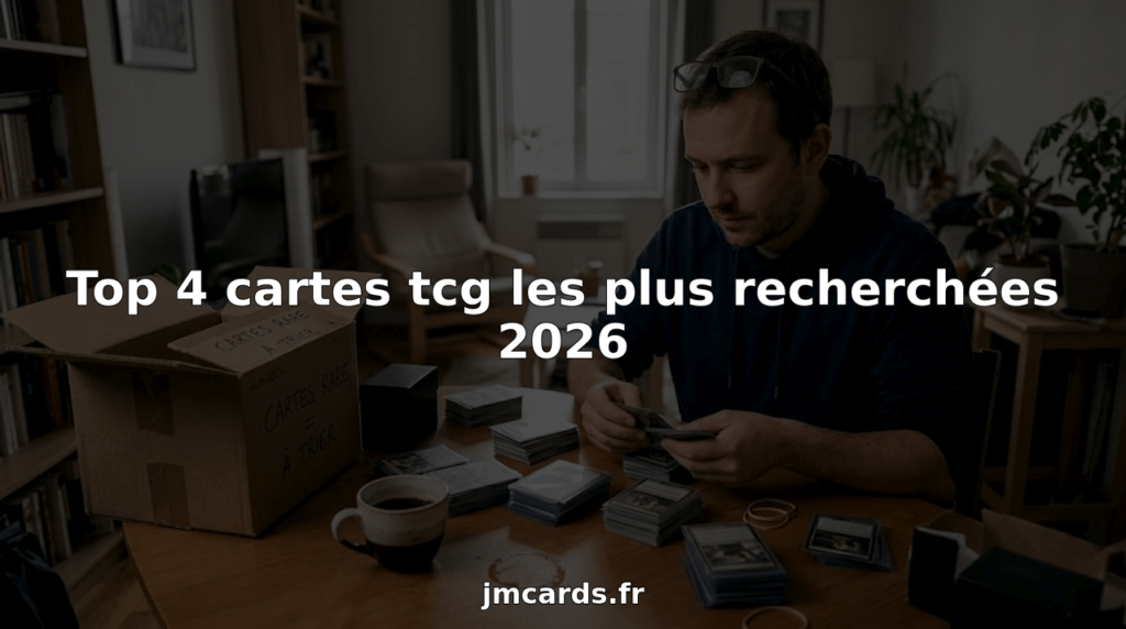 Un passionné de cartes à collectionner trie sa collection sur la table du salon