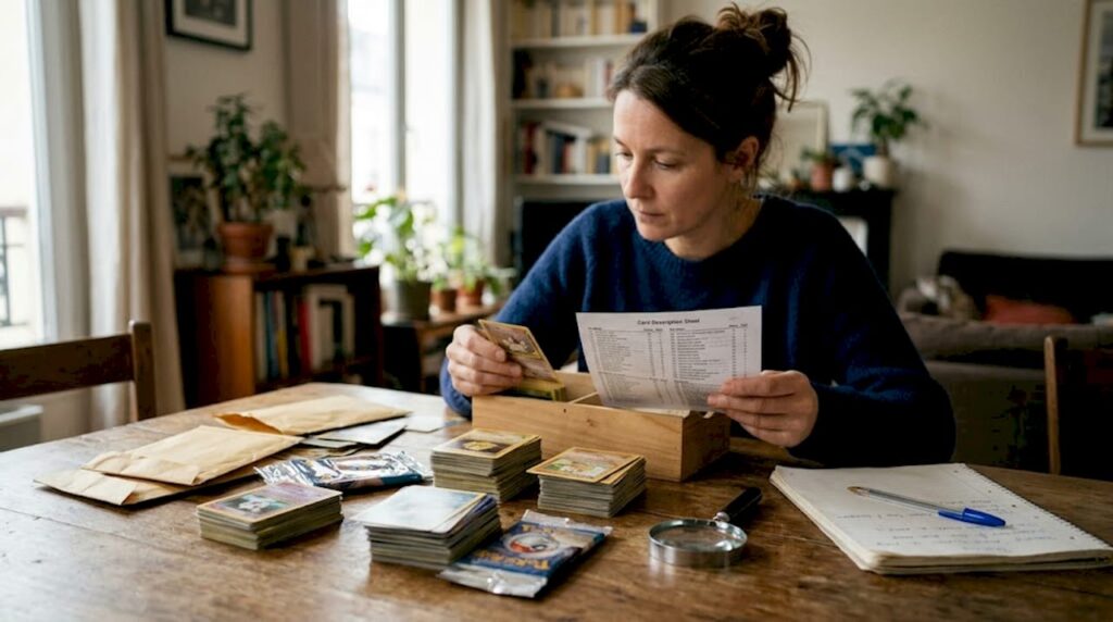 Une femme soccupe de la préparation des cartes destinées à une vente aux enchères