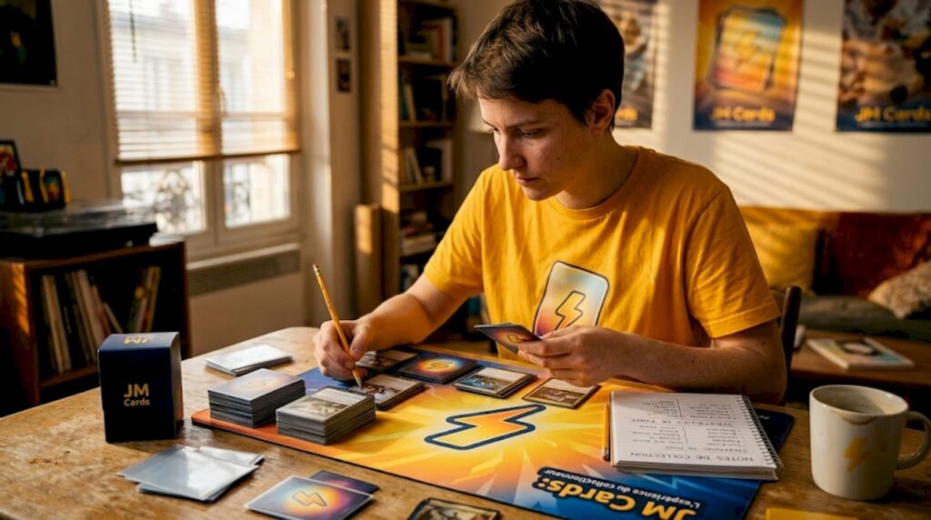 Je trie mes cartes à collectionner sur la table du salon
