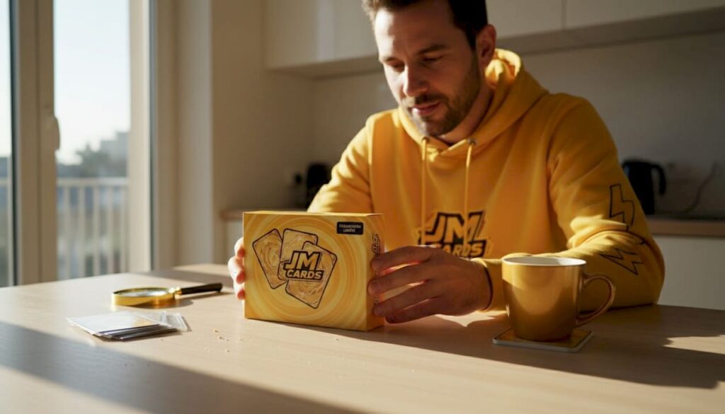 Un passionné de cartes rares en pleine séance dexamen de ses signatures confortablement installé chez lui