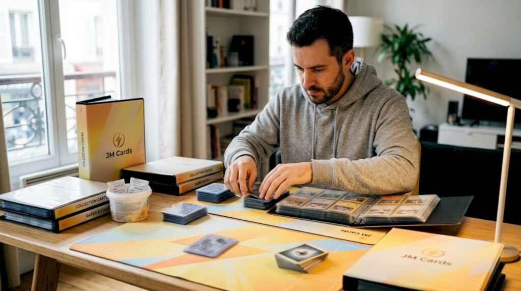 Un passionné de cartes étale sa collection sur la table du salon triant chaque pièce avec soin