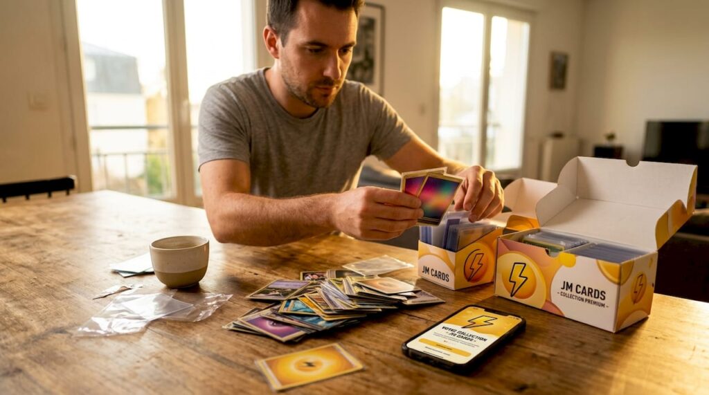 Un passionné de cartes à collectionner en train de classer sa collection sur la table