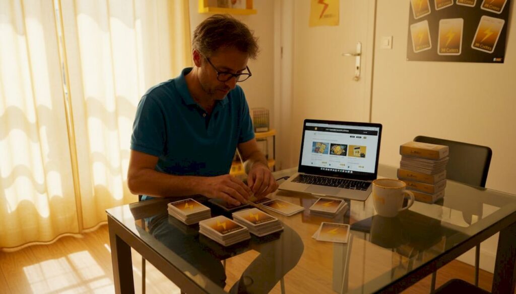 Un passionné de cartes prend le temps de trier sa collection sur son bureau dans le calme de son appartement