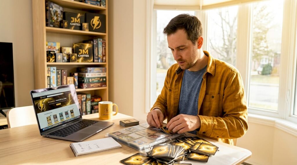 Un passionné de cartes en plein tri dans son salon soigneusement rangé