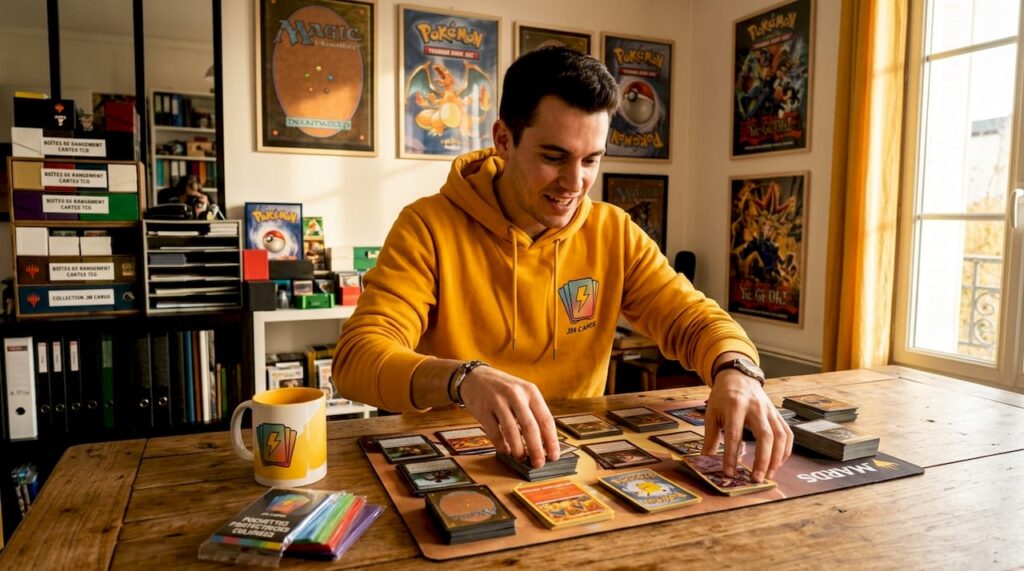 Un passionné saffaire à organiser sa collection de cartes étalée sur la table