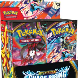 Pokémon Trading Card Game display box and booster packs featuring colorful artwork and Chaos Rising mega evolution theme for ages 6+