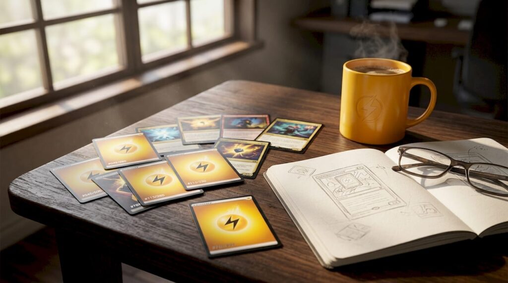 Une collection de cartes à collectionner numérotées soigneusement étalée sur la table